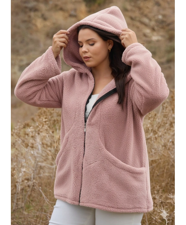 Kadın Büyük Beden Uzun Kollu Cepli Kapüşonlu Fermuarlı Peluş Hırka Ceket