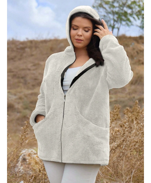 Kadın Büyük Beden Uzun Kollu Cepli Kapüşonlu Fermuarlı Peluş Hırka Ceket