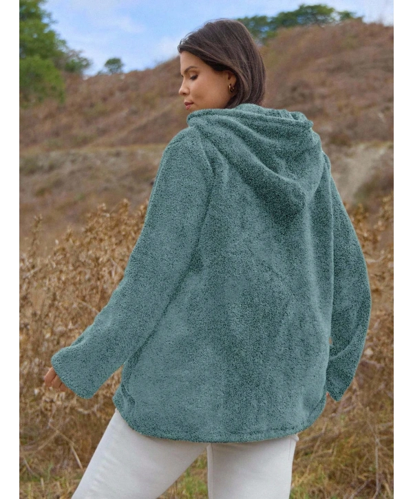 Kadın Büyük Beden Uzun Kollu Cepli Kapüşonlu Fermuarlı Peluş Hırka Ceket