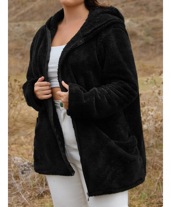Kadın Büyük Beden Uzun Kollu Cepli Kapüşonlu Fermuarlı Peluş Hırka Ceket