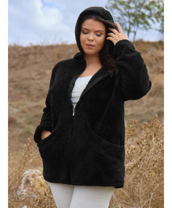 Kadın Büyük Beden Uzun Kollu Cepli Kapüşonlu Fermuarlı Peluş Hırka Ceket