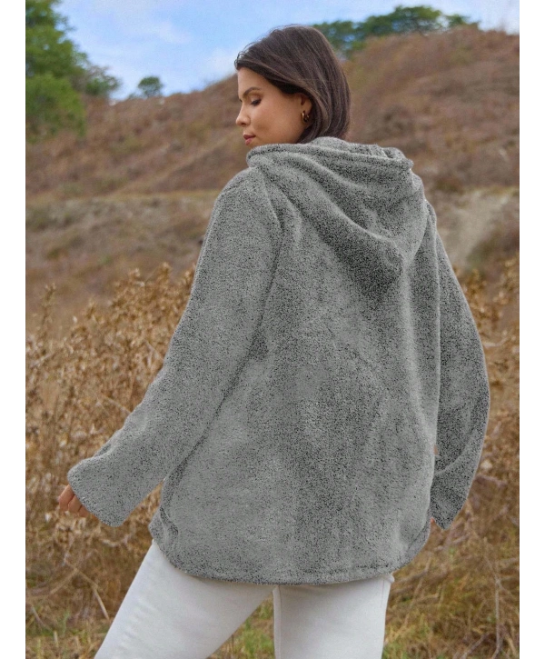 Kadın Büyük Beden Uzun Kollu Cepli Kapüşonlu Fermuarlı Peluş Hırka Ceket