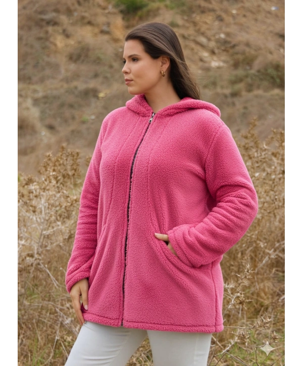 Kadın Büyük Beden Uzun Kollu Cepli Kapüşonlu Fermuarlı Peluş Hırka Ceket