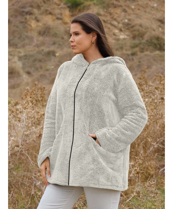 Kadın Büyük Beden Uzun Kollu Cepli Kapüşonlu Fermuarlı Peluş Hırka Ceket