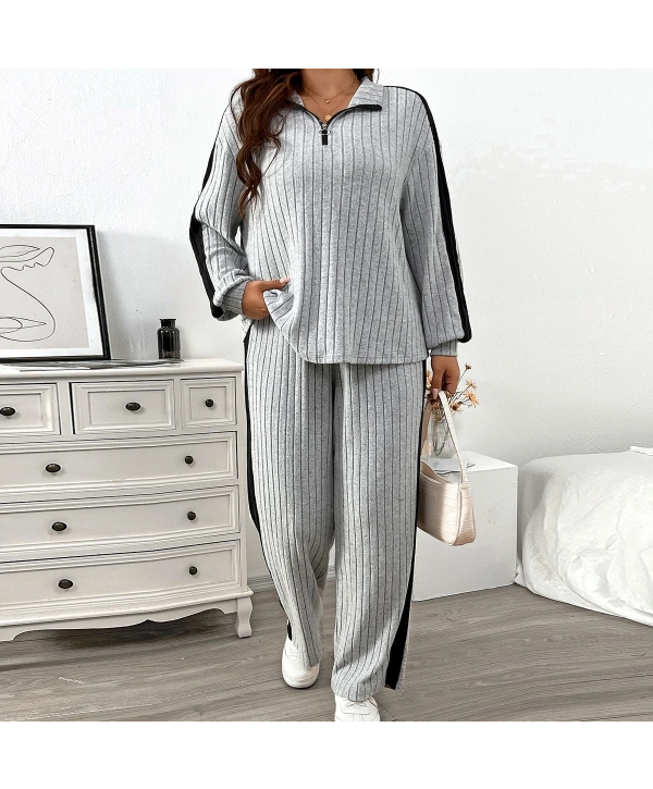 Kadın Büyük Beden Uzun Kollu Fermuarlı Yaka Yüksek Bel İkili Takım
