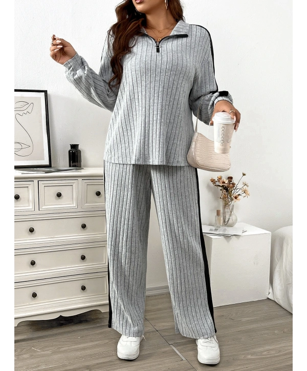 Kadın Büyük Beden Uzun Kollu Fermuarlı Yaka Yüksek Bel İkili Takım