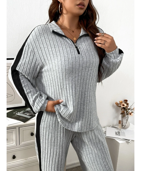 Kadın Büyük Beden Uzun Kollu Fermuarlı Yaka Yüksek Bel İkili Takım
