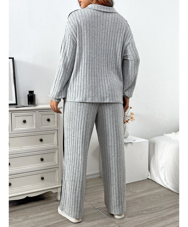 Kadın Büyük Beden Uzun Kollu Fermuarlı Yaka Yüksek Bel İkili Takım