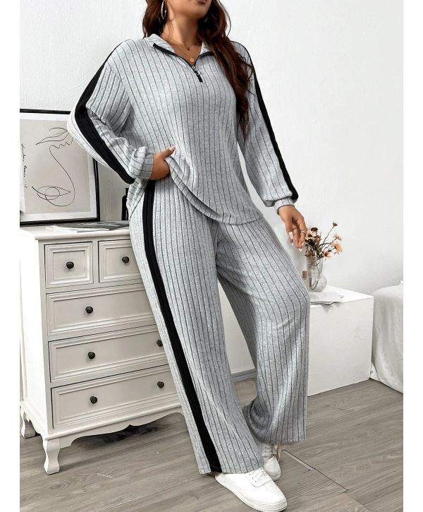 Kadın Büyük Beden Uzun Kollu Fermuarlı Yaka Yüksek Bel İkili Takım