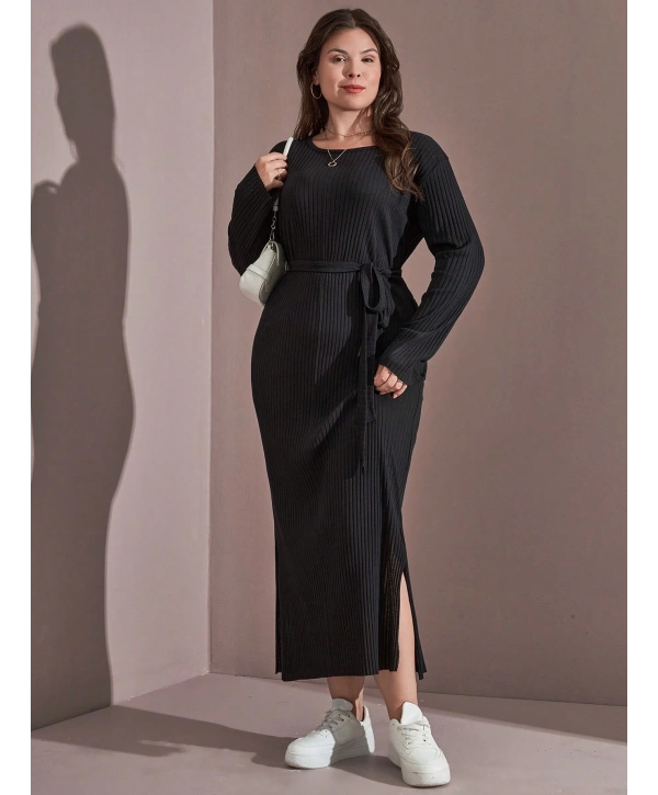 Kadın Büyük Beden Uzun Kollu Yırtmaç Detaylı Kaşkorse Elbise