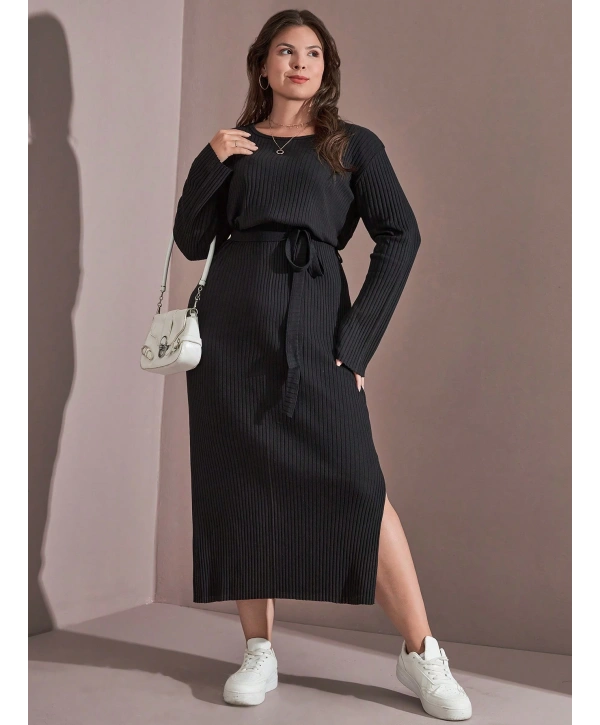 Kadın Büyük Beden Uzun Kollu Yırtmaç Detaylı Kaşkorse Elbise