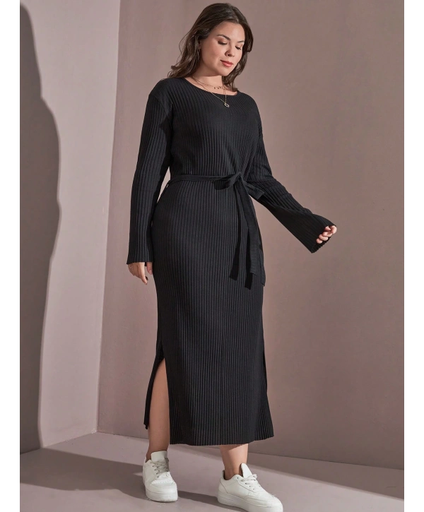 Kadın Büyük Beden Uzun Kollu Yırtmaç Detaylı Kaşkorse Elbise