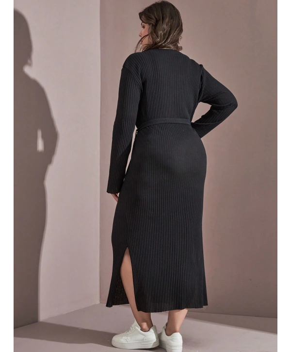 Kadın Büyük Beden Uzun Kollu Yırtmaç Detaylı Kaşkorse Elbise