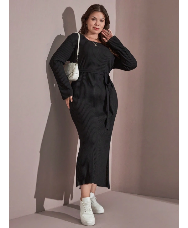 Kadın Büyük Beden Uzun Kollu Yırtmaç Detaylı Kaşkorse Elbise