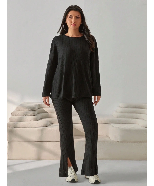 Kadın Büyük Beden Uzun Kollu Yüksek Bel Bisiklet Yaka Paça Yırtmaçlı Takım