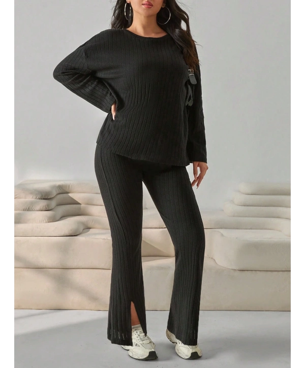 Kadın Büyük Beden Uzun Kollu Yüksek Bel Bisiklet Yaka Paça Yırtmaçlı Takım