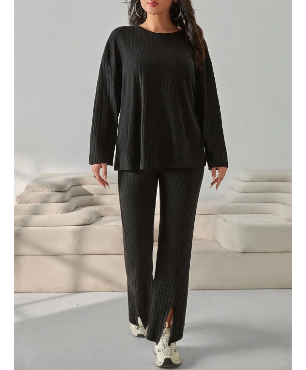 Kadın Büyük Beden Uzun Kollu Yüksek Bel Bisiklet Yaka Paça Yırtmaçlı Takım