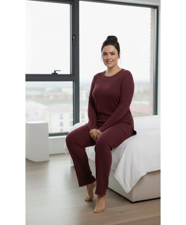 Kadın Büyük Beden Uzun Kollu Yüksek Bel Şardonlu Bisiklet Yaka Cepli Takım