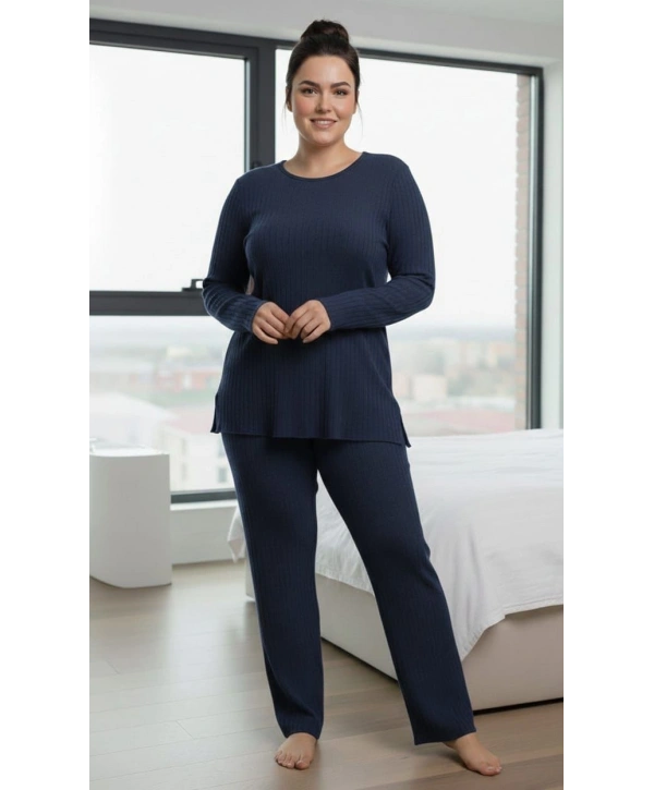 Kadın Büyük Beden Uzun Kollu Yüksek Bel Şardonlu Bisiklet Yaka Cepli Takım