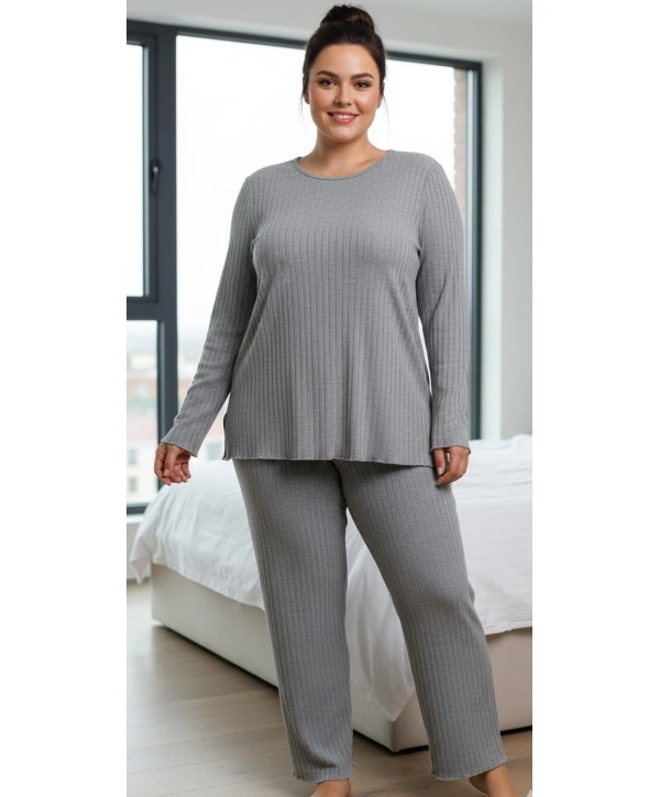 Kadın Büyük Beden Uzun Kollu Yüksek Bel Şardonlu Bisiklet Yaka Cepli Takım