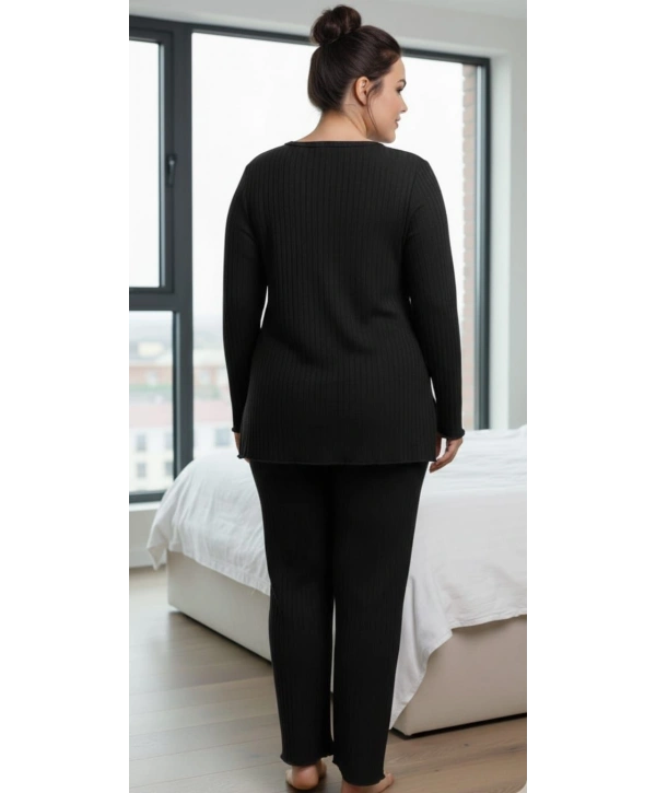 Kadın Büyük Beden Uzun Kollu Yüksek Bel Şardonlu Bisiklet Yaka Cepli Takım