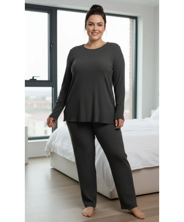 Kadın Büyük Beden Uzun Kollu Yüksek Bel Şardonlu Bisiklet Yaka Cepli Takım