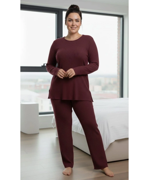 Kadın Büyük Beden Uzun Kollu Yüksek Bel Şardonlu Bisiklet Yaka Cepli Takım