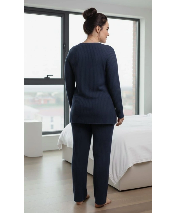 Kadın Büyük Beden Uzun Kollu Yüksek Bel Şardonlu Bisiklet Yaka Cepli Takım