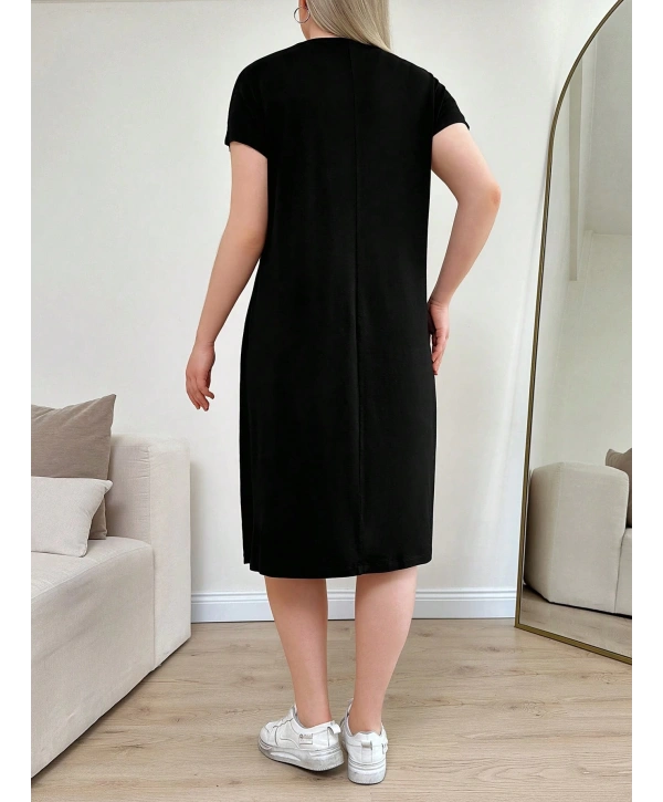 Kadın Büyük Beden V Yaka Cepli Viskon Elbise