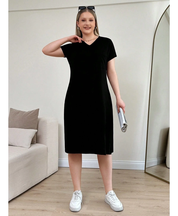 Kadın Büyük Beden V Yaka Cepli Viskon Elbise