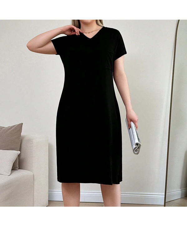 Kadın Büyük Beden V Yaka Cepli Viskon Elbise