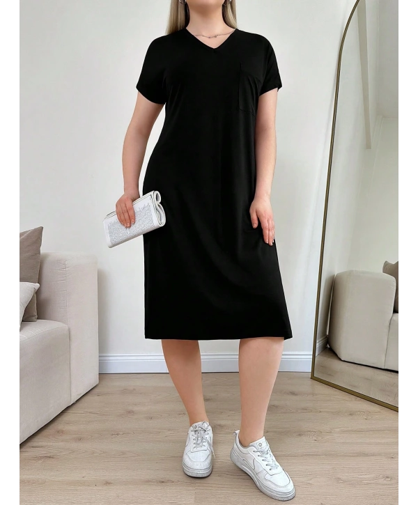 Kadın Büyük Beden V Yaka Cepli Viskon Elbise