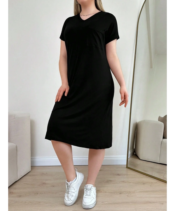 Kadın Büyük Beden V Yaka Cepli Viskon Elbise