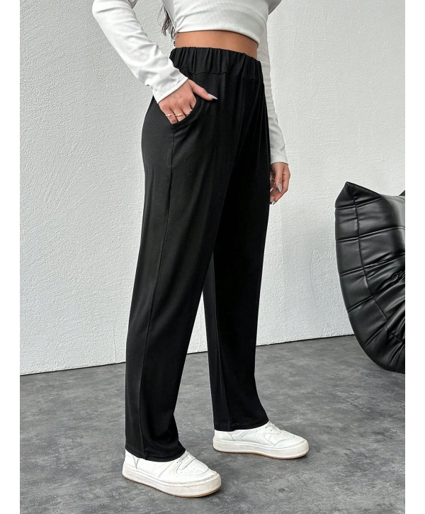 Kadın Büyük Beden Viskon Kumaş Lıkralı Cepli Yüksek Bel Eşofman Altı