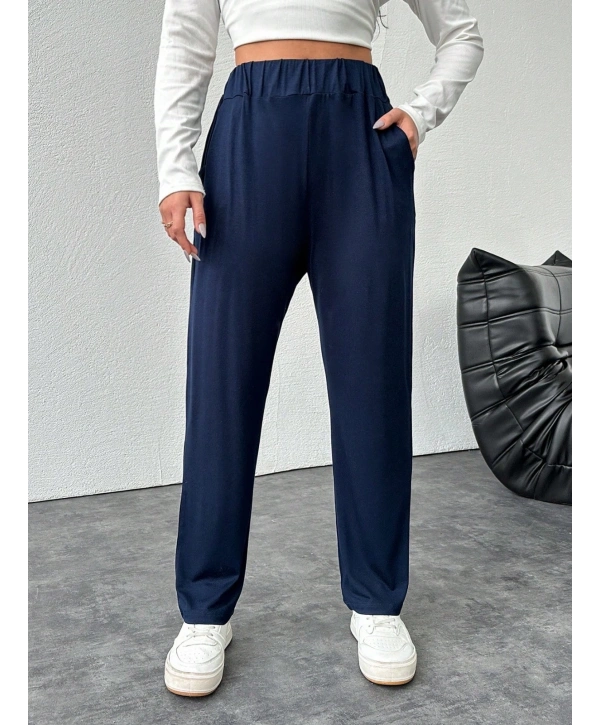 Kadın Büyük Beden Viskon Kumaş Lıkralı Cepli Yüksek Bel Eşofman Altı