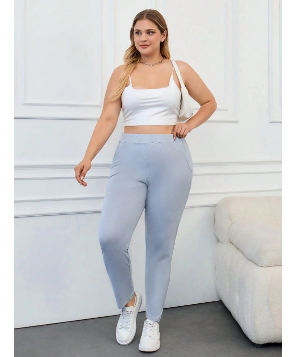 Kadın Büyük Beden Viskon Kumaş Lıkralı Cepli Yüksek Bel Eşofman Altı