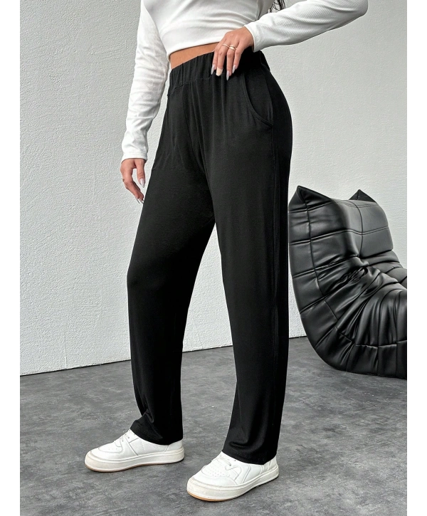 Kadın Büyük Beden Viskon Kumaş Lıkralı Cepli Yüksek Bel Eşofman Altı