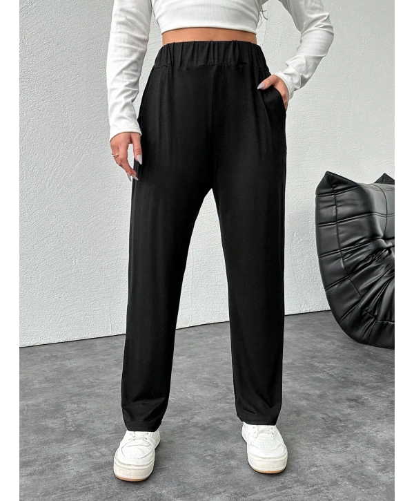 Kadın Büyük Beden Viskon Kumaş Lıkralı Cepli Yüksek Bel Eşofman Altı