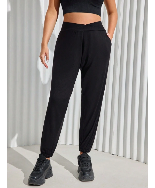 Kadın Büyük Beden Viskon Kumaş Likralı Cepli Yüksek Bel Kuşaklı Eşofman Altı