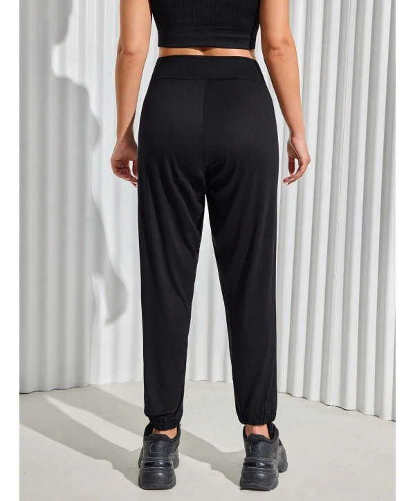 Kadın Büyük Beden Viskon Kumaş Likralı Cepli Yüksek Bel Kuşaklı Eşofman Altı