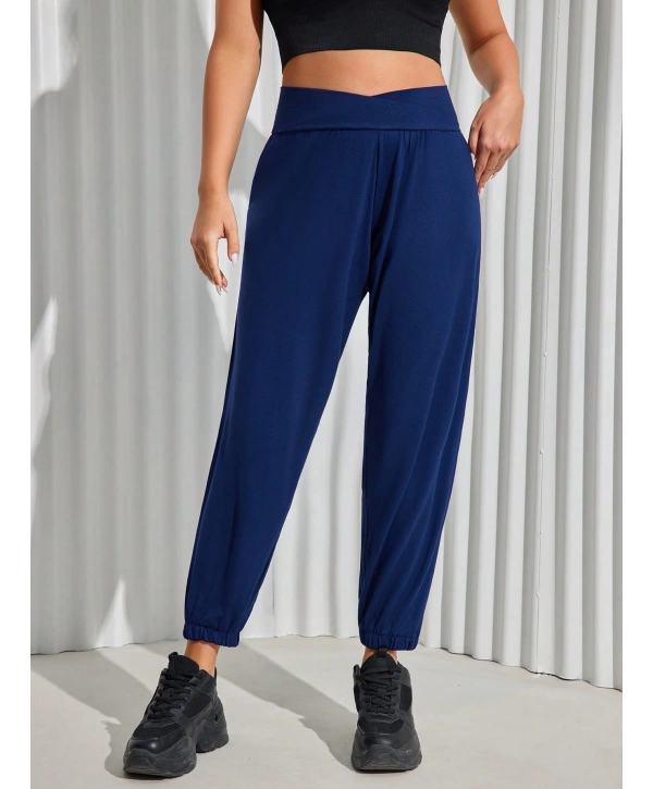 Kadın Büyük Beden Viskon Kumaş Likralı Cepli Yüksek Bel Kuşaklı Eşofman Altı