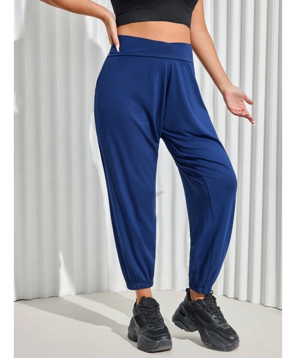 Kadın Büyük Beden Viskon Kumaş Likralı Cepli Yüksek Bel Kuşaklı Eşofman Altı