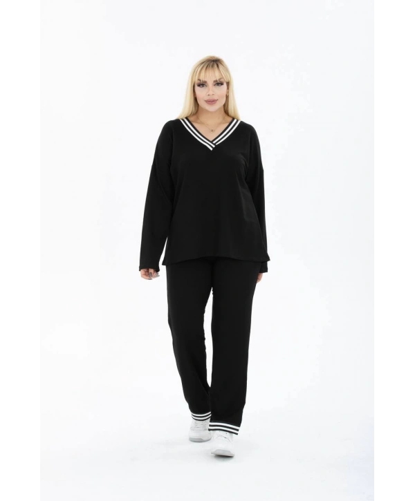 Kadın Büyük Beden Yaka Şeritli Cepli İkiiplik Kumaş Yüksek Bel Takım