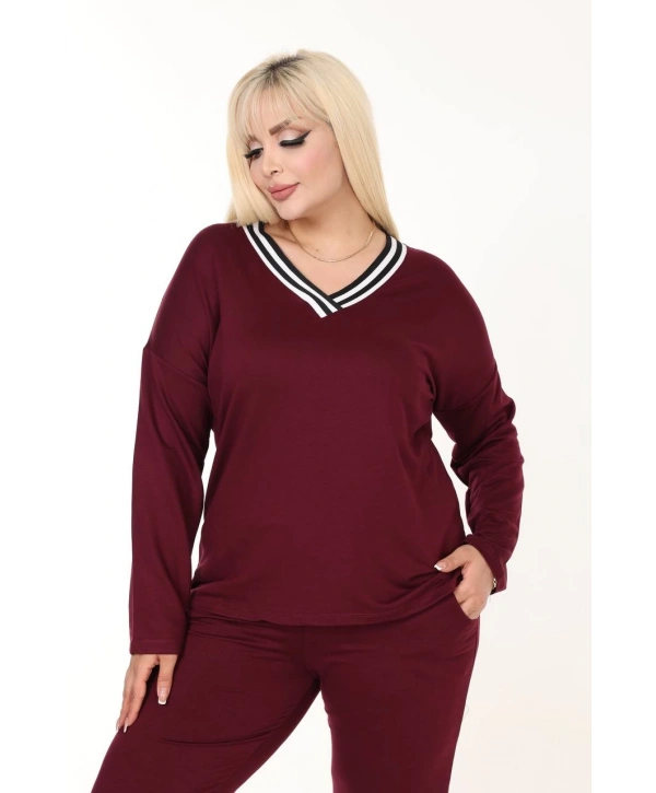 Kadın Büyük Beden Yaka Şeritli Cepli İkiiplik Kumaş Yüksek Bel Takım