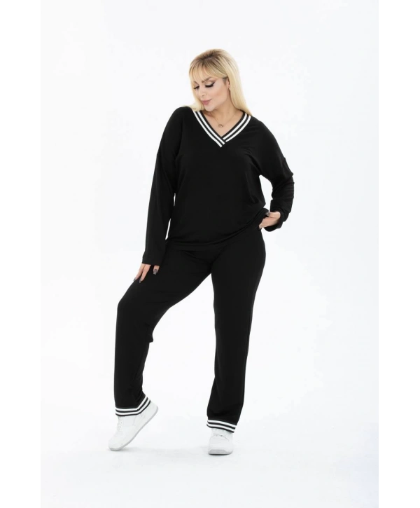 Kadın Büyük Beden Yaka Şeritli Cepli İkiiplik Kumaş Yüksek Bel Takım