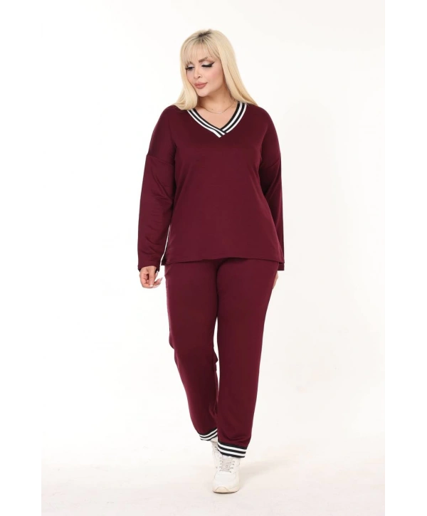 Kadın Büyük Beden Yaka Şeritli Cepli İkiiplik Kumaş Yüksek Bel Takım