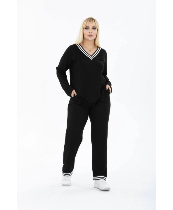 Kadın Büyük Beden Yaka Şeritli Cepli İkiiplik Kumaş Yüksek Bel Takım