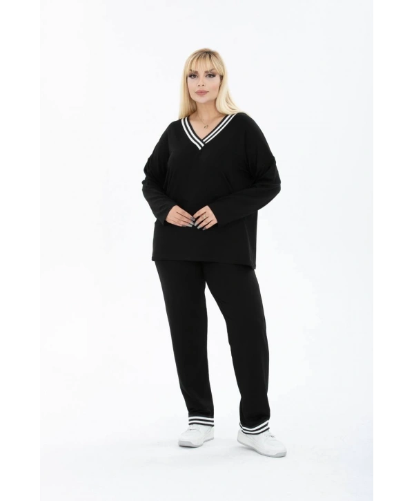 Kadın Büyük Beden Yaka Şeritli Cepli İkiiplik Kumaş Yüksek Bel Takım