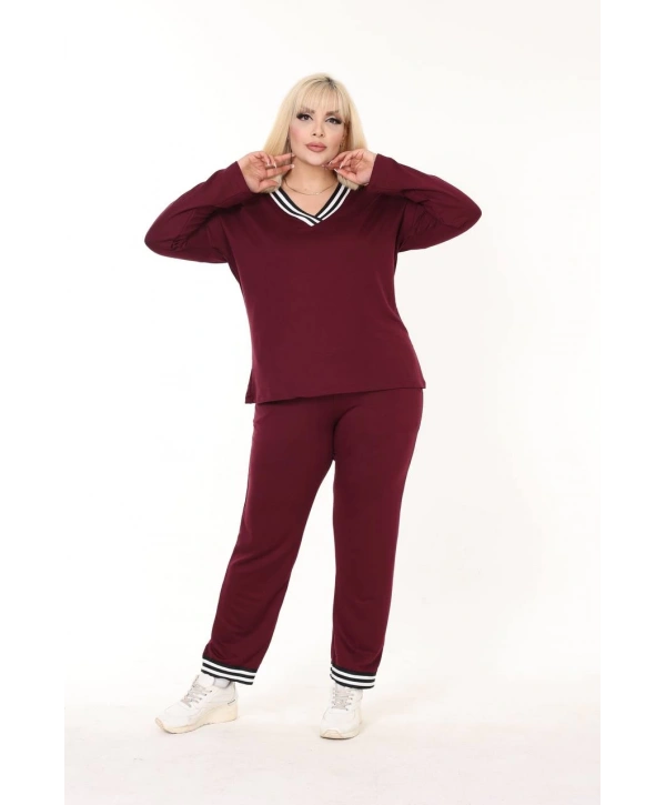 Kadın Büyük Beden Yaka Şeritli Cepli İkiiplik Kumaş Yüksek Bel Takım