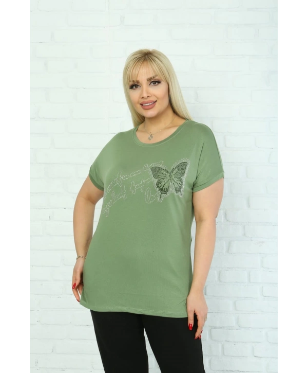 Kadın Büyük Beden Yeşil Taşlı T-shirt